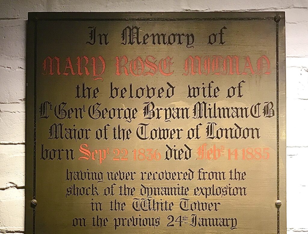 The memorial plaque for Mary Milman in the crypt of St Peter ad Vincula