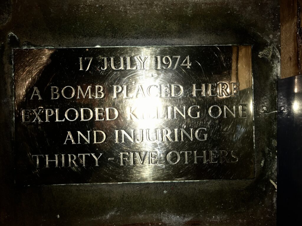 The plaque in the floor of the basement of the White Tower marking the spot where the 1974 IRA bomb exploded 