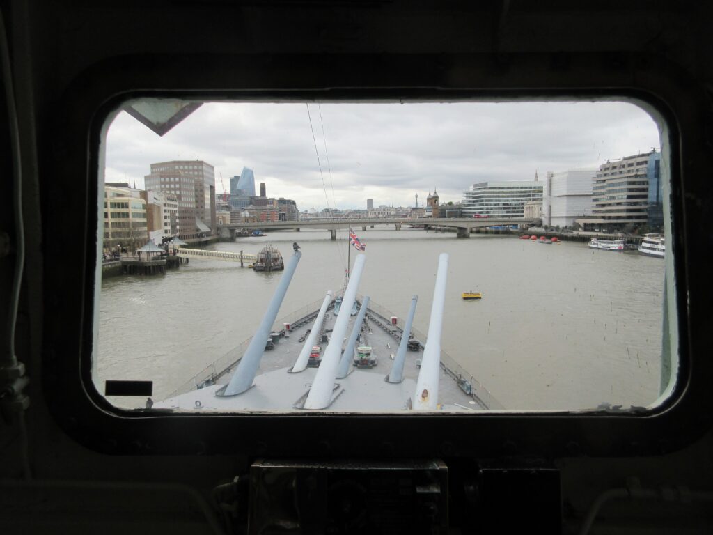 the view from the captain's seat on HMS Belfast